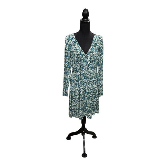 BP Dress Womens XL Blue Green Floral Long Sleeve V Neck Stretch Boho Casual - Picture 1 of 11